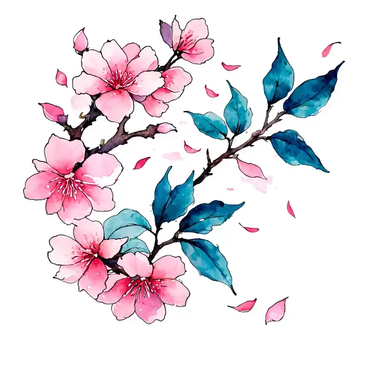 A Japanese style tattoo representing a branch of cherry blossoms, with petals that fly away in the air tattoo design idea