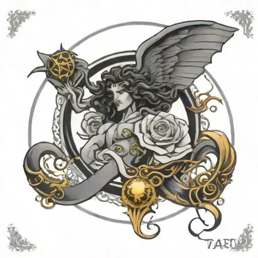 medusa tarot card with a golden snitch framing the bottom tattoo design idea