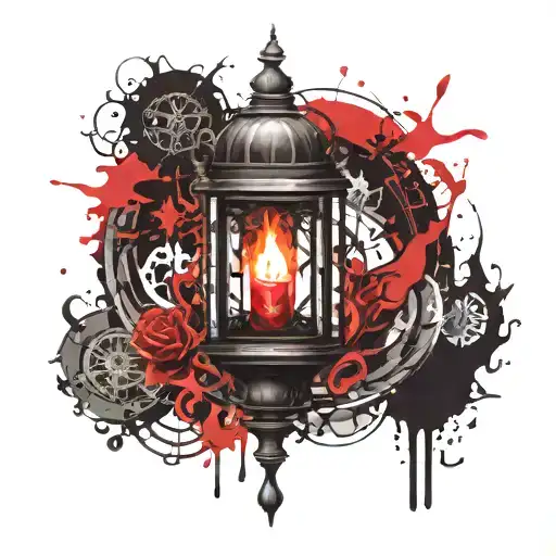 gothic lantern with burning candle burning tattoo design idea