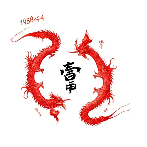 3 Chinese zodiac red dragons flying around a circle with the years 1928,1964,2000 and in the middle the kanji for family tattoo design idea