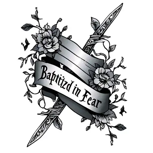 Floral vine wrap with words "Baptized in Fear" shaped like a sword down the middle tattoo design idea