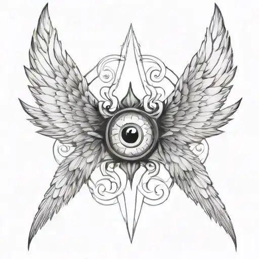 seraphim, 6 large burnt wings, demon eye in the centre, gothic tattoo design idea
