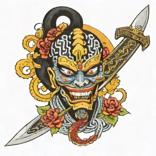 kali as a mask with a kirs knife piercing tattoo design idea