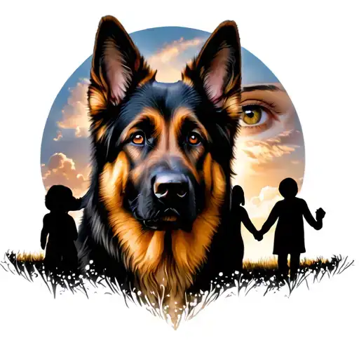 German Shepherd, with the silhouette of 3 small children and an adult holding hands and in the sky an eye looking at us tattoo design idea