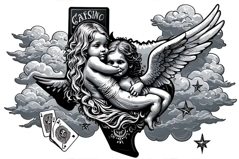 state of Texas with tattoo style clouds in the background and stars with casino cards add a baby angel hugging a evil an tattoo design idea