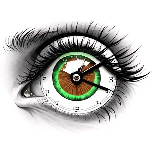 18:39 clock face inside a brown eye with green tinge with lashes  tattoo design idea