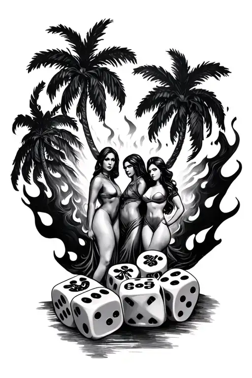 set of dice small blended in flames palm trees sleeve with the statue from scarface with the 3 women  tattoo design idea