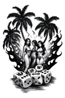 set of dice small blended in flames palm trees sleeve with the statue from scarface with the 3 women  tattoo design idea
