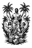 set of dice small blended in flames palm trees sleeve with the statue from scarface with the 3 women  tattoo design idea