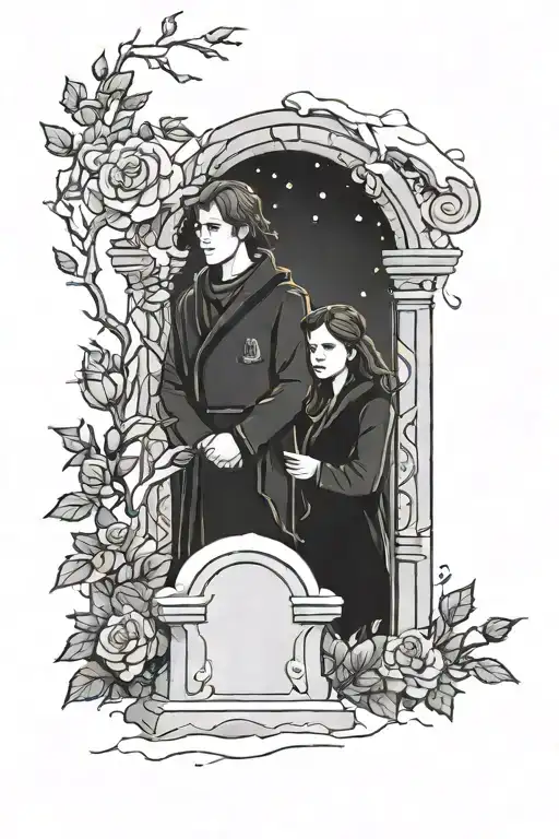  White marble headstone glowing in the dark, snow covered, rose wreath floating. Harry and hermione standing arm in arm tattoo design idea