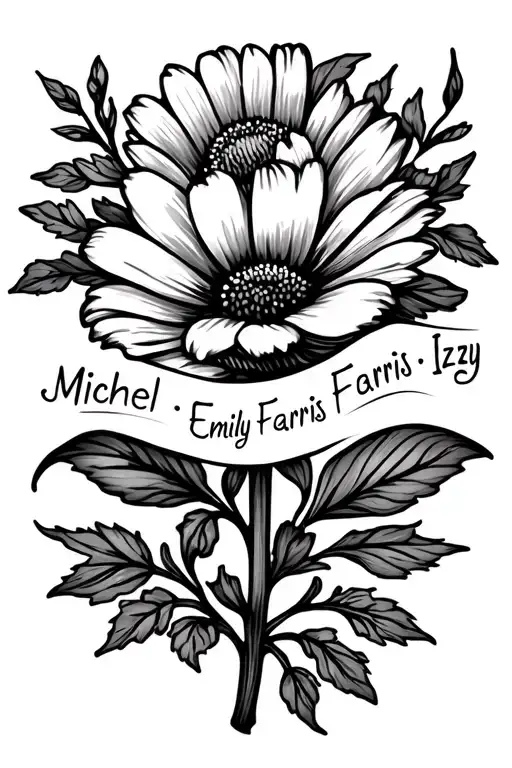 "Michel Emily Farris Izzy " Flower then for the stem in cersive it has the names for the side of my forearm  tattoo design idea