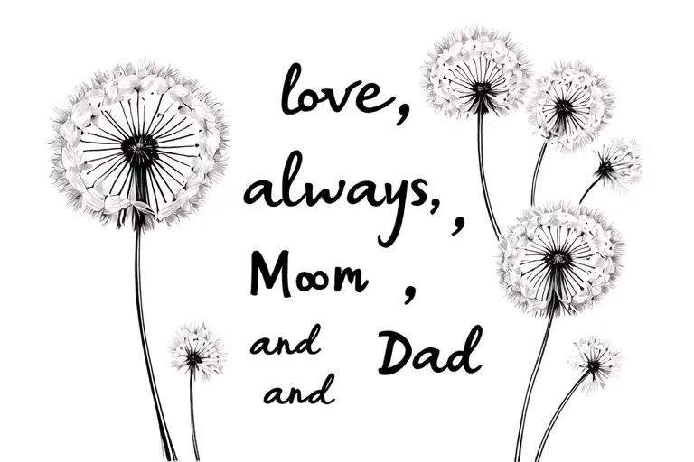 handwritten text "love, always, Mom and Dad" simple dandelion tattoo design idea