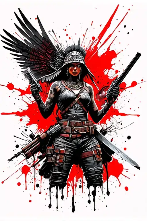 Valkyrie and african soldier holding sword guns tattoo design idea