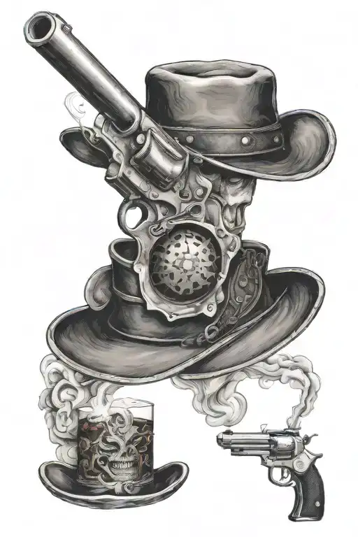 smoking revolver,with a cowboy tipping his hat, pointing barrel   tattoo design idea