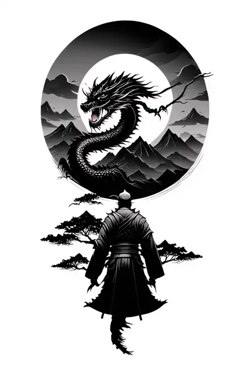 Samurai looking at dragon with mountains and a tree  tattoo design idea