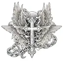 cross bound by a broken chain  with angel wings tattoo design idea