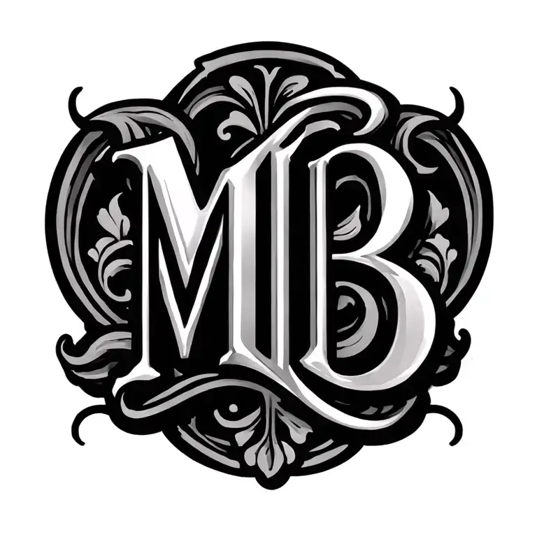 Chicano lettering tattoo design for upper back. Large initials "M" and "B" intertwined with ornamental details, black i tattoo design idea