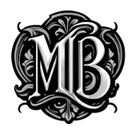Chicano lettering tattoo design for upper back. Large initials "M" and "B" intertwined with ornamental details, black i tattoo design idea