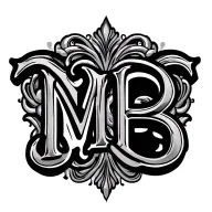 Chicano lettering tattoo design for upper back. Large initials "M" and "B" intertwined with ornamental details, black i tattoo design idea