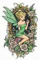 tinker bell with flowers like a storybook illustration  tattoo design idea