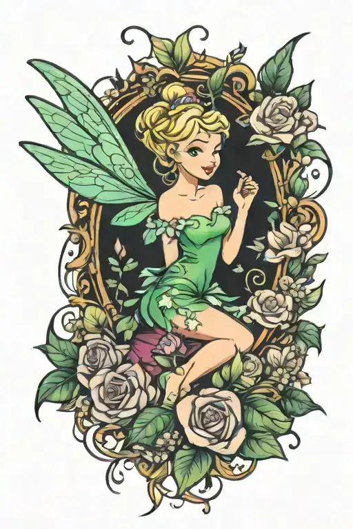 tinker bell with flowers like a storybook illustration  tattoo design idea