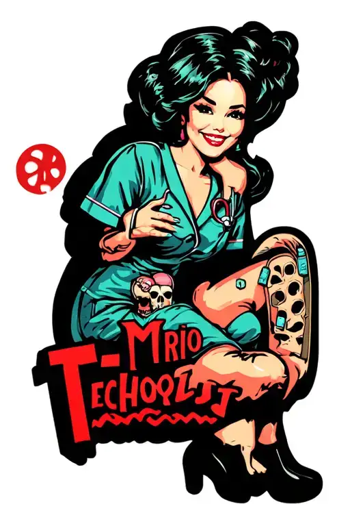 "MRI Technologist" cute pinup, scrubs, medical, magnets, radio waves, smile, female, nails, messy hair, big boobs, skulls tattoo design idea