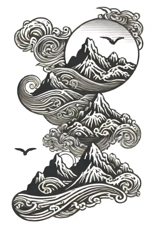 mountains sun and sea wave line tattoo tattoo design idea
