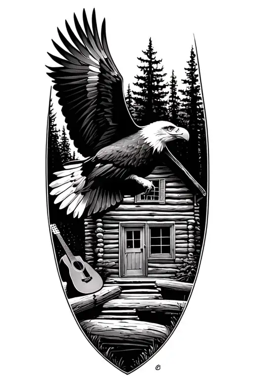 Design a black-grey tattoo of a bald eagle soaring above a log cabin with an acoustic guitar resting against the cabin wall, representing the client's admiration for freedom, simplicity, and music tattoo design idea
