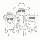 3 siblings funny ghosts. upside down sunglasses, guns, middle fingers up, cowboy hat, flower crown tattoo design idea