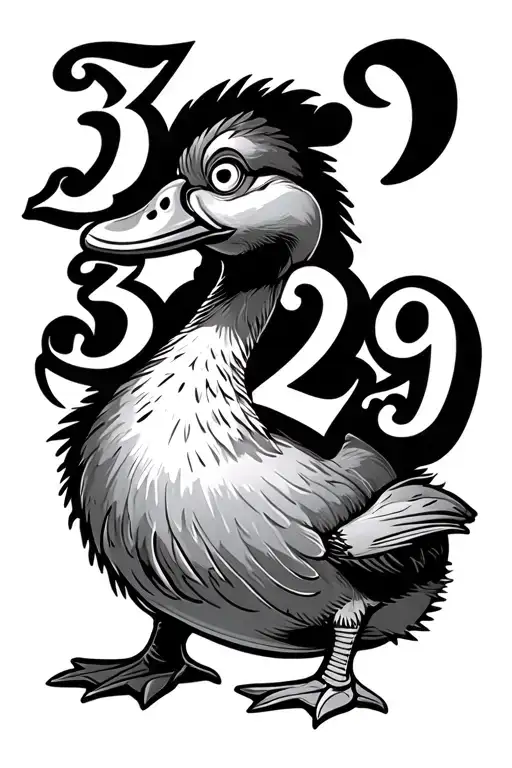 numbers 3029 in old English font behind a mischievous looking duck tattoo design idea
