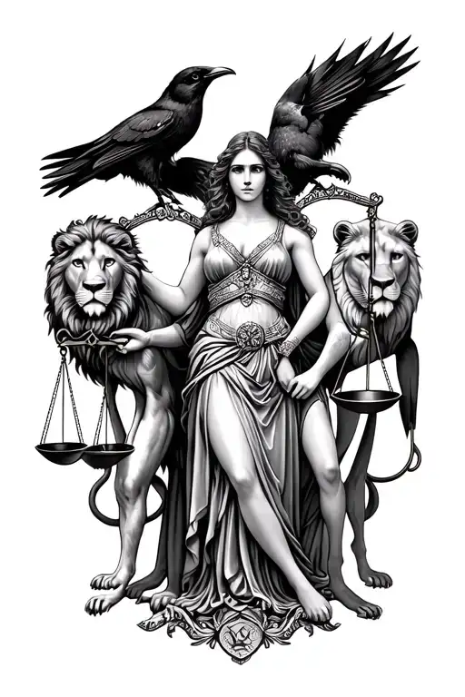 Empress holding Libra scales with a Leo lion to the left and the Gemini twins on the right. crows. tattoo design idea