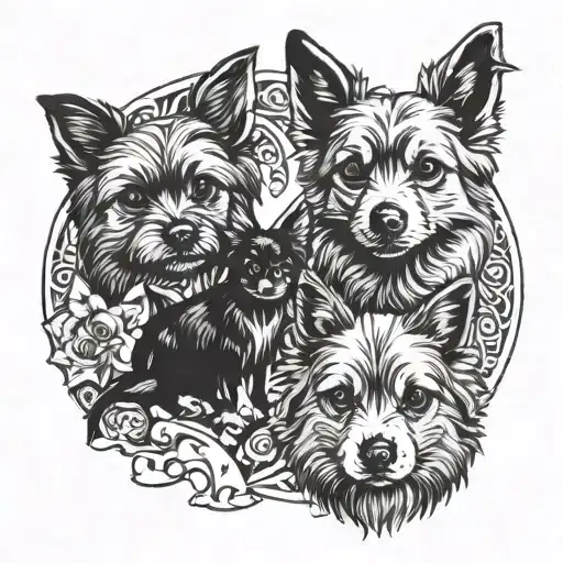 shepherd dog, yorkie dog, 3 cats and a rabbit together tattoo design idea