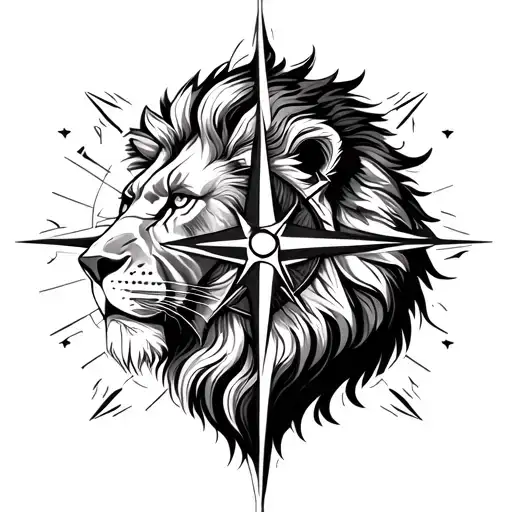lion and compass rose together tattoo design idea