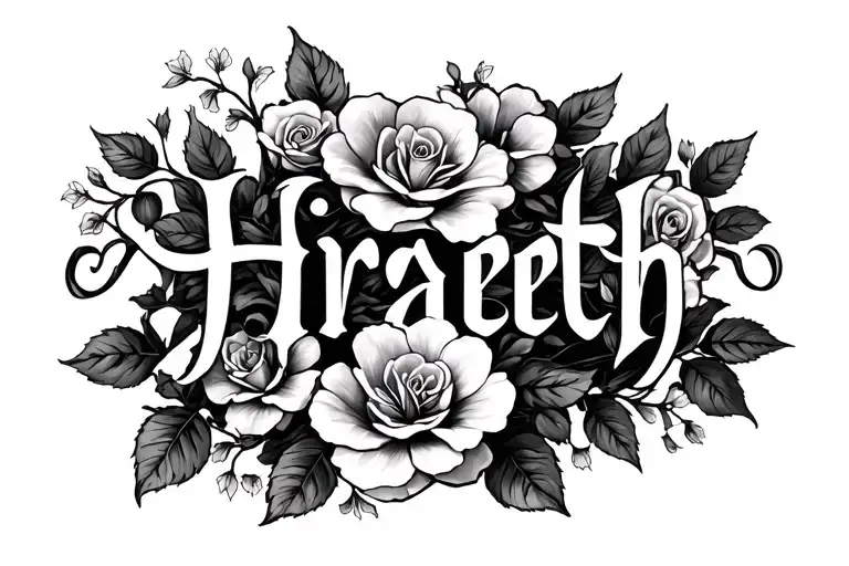 "Hiraeth" dogwood flowers and roses wrapped around the text "Hiraeth" in a feminine fantasy gothic style tattoo design idea