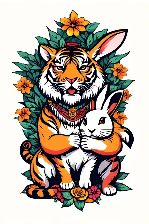 tiger and rabbit holding tattoo design idea