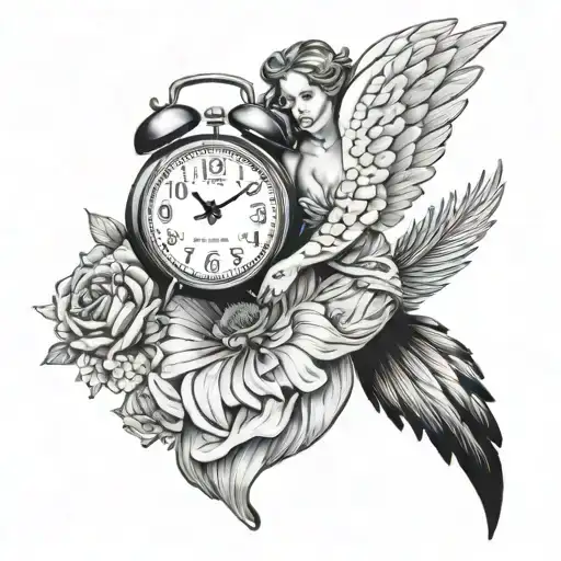 stillbirth biological clock with angel flying tattoo design idea