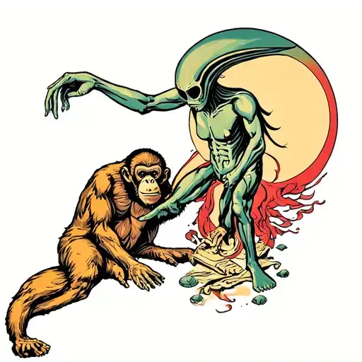 creation of Adam god as a alien and Adam as a monkey tattoo design idea