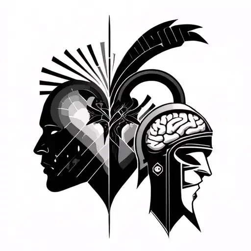 vini vidi vici with geometric design incorporating heart and brain balance and spartan warrior tattoo design idea