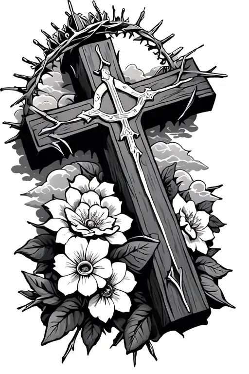 Román Catholic cross with flowers with crown of thorns with sun rays with clouds  tattoo design idea