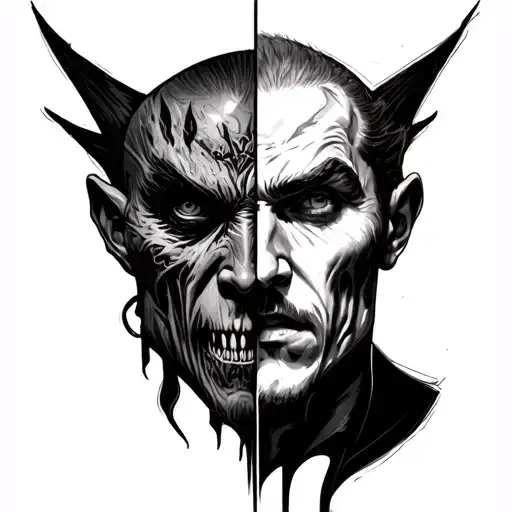 Tattoo sketch for mens: Inside 2 half faces in one face. One half face Old me is evil . The other half on right is good tattoo design idea