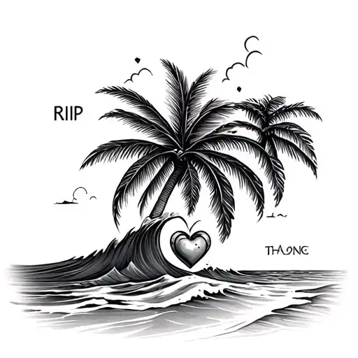 Palmtree on a sandy beach with waves crashing onto the sand and with a heartbeat in the wave and RIP in the palmtree tattoo design idea