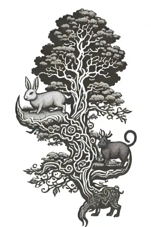 相信自己 in the shape of a tree, with a chinese zodiac rabbit on top of the tree and chinese zodiac pig, ox, and dragon belo tattoo design idea