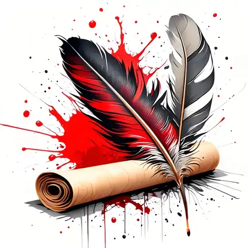 feather quill pen writing on a white paper scroll tattoo design idea