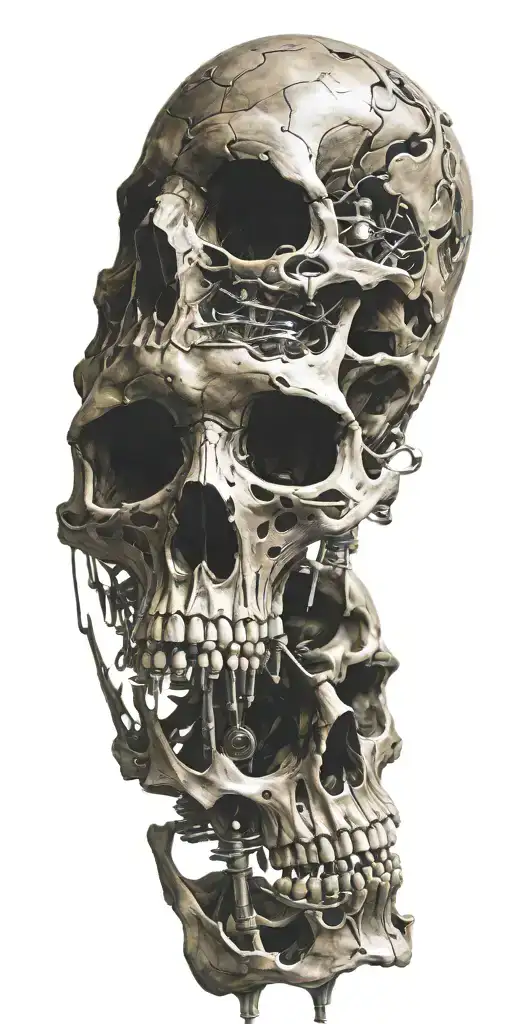 bio - mechanical bones made of iron, skin tears, colored tattoo design idea