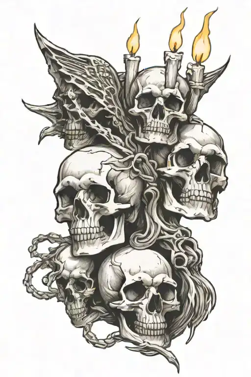 gods and skeletons grab candle burning tattoo design idea