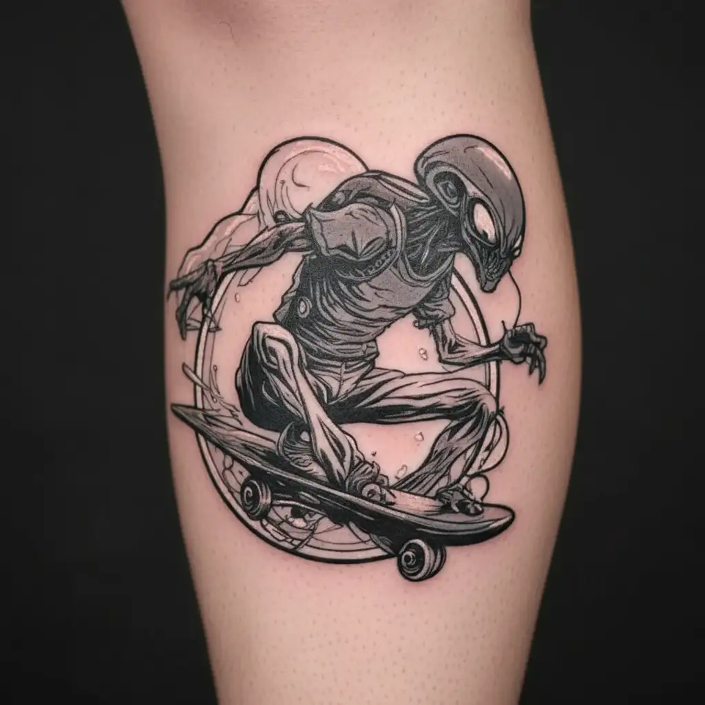  a red T-shirt, alien with a skateboard and saggy pants ￼ tattoo design idea