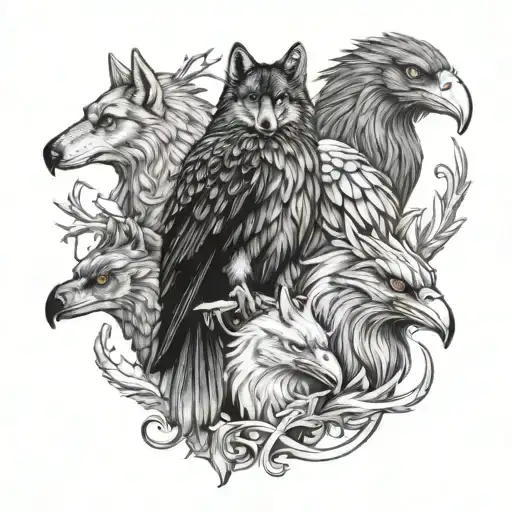 four of your favorite real and mythical creatures (wolf, phoenix, raven, and griffin) individually represented  tattoo design idea
