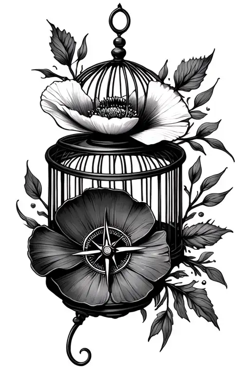 bird cage, compass, poppy, henna tattoo design idea