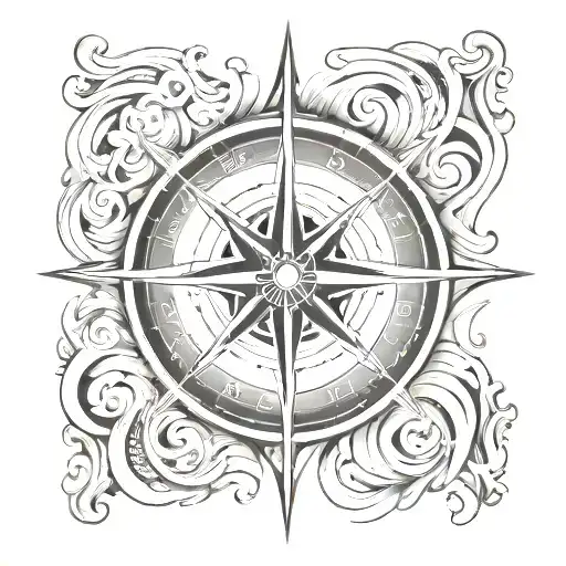 A black-grey design of a compass rose surrounded by swirling waves, symbolizing the client's journey of overcoming challenges and finding their way tattoo design idea