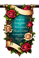 banner with scriptures and roses  tattoo design idea